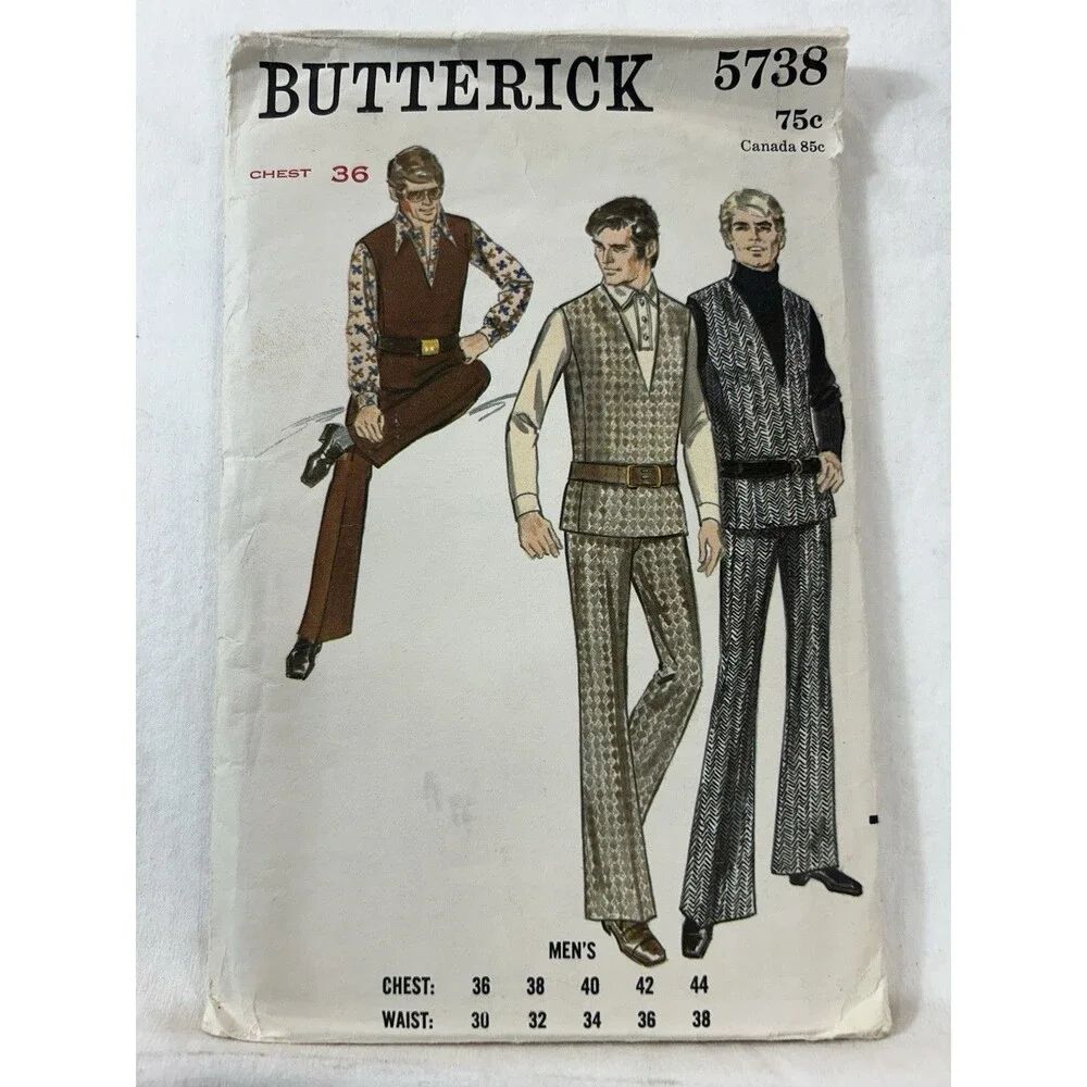 Vintage Butterick 5738 70s Mens Pants Vest Sewing Pattern 36 Chest 30 Waist CUT